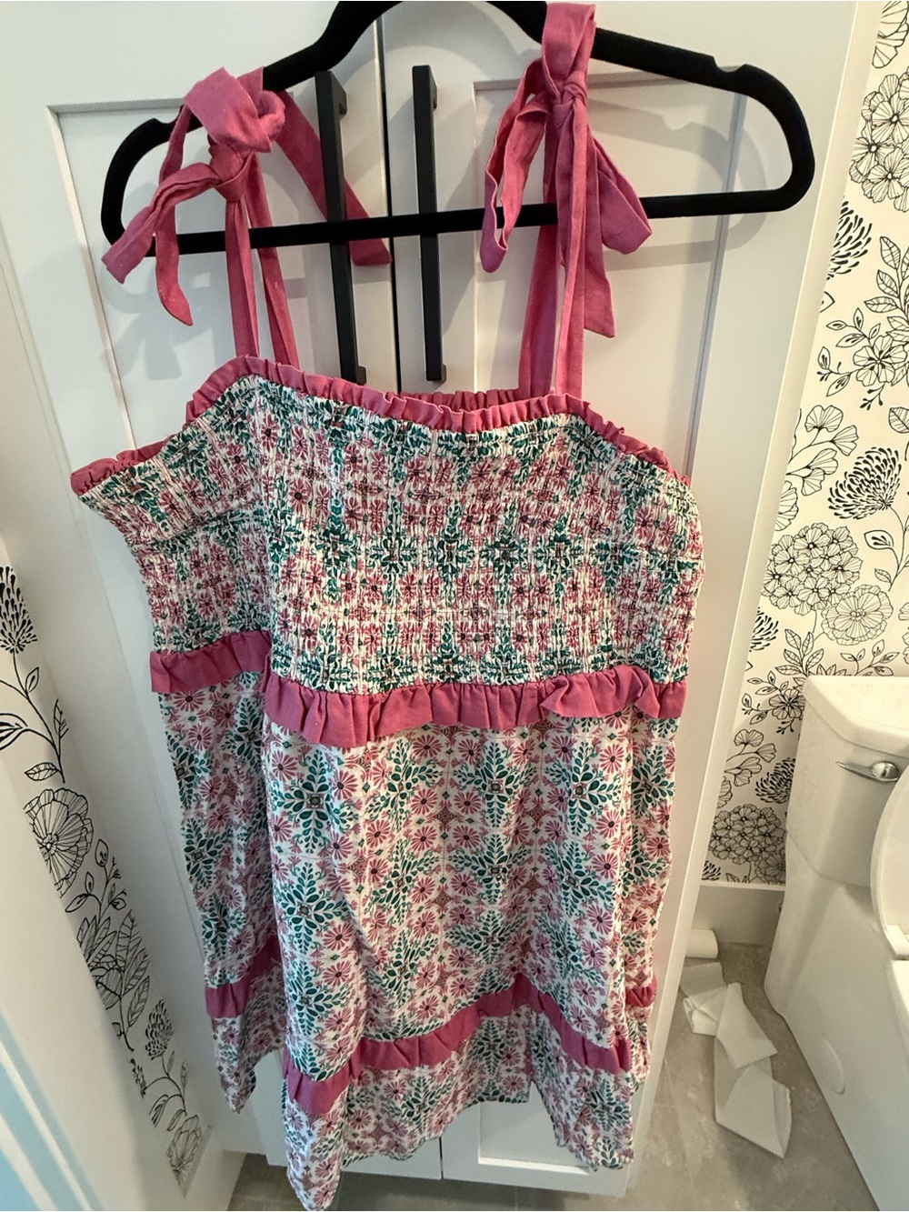 Anthropologie Pink Floral Smocked Sundress with Tie Straps